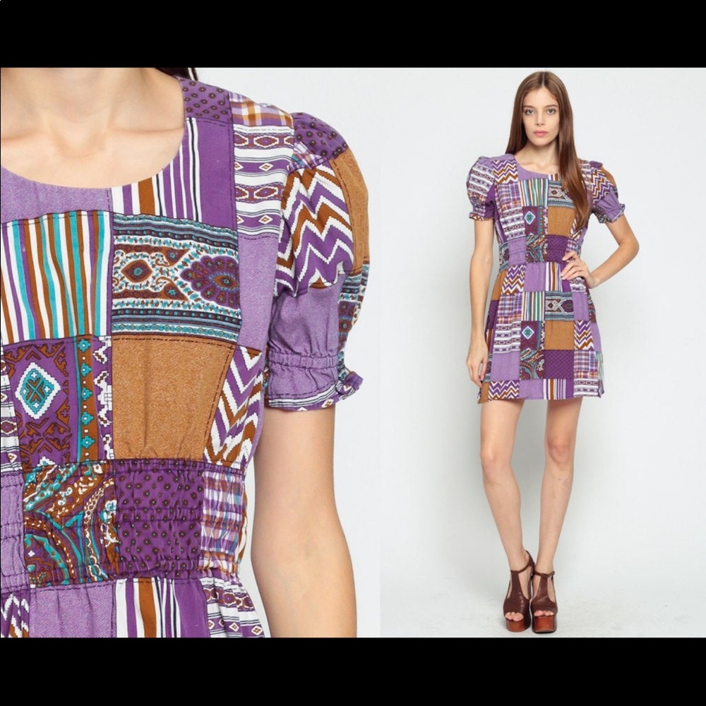 1970s Mini Dress PATCHWORK Print Bohemian Babydoll 60s 70s Boho Vintage medium